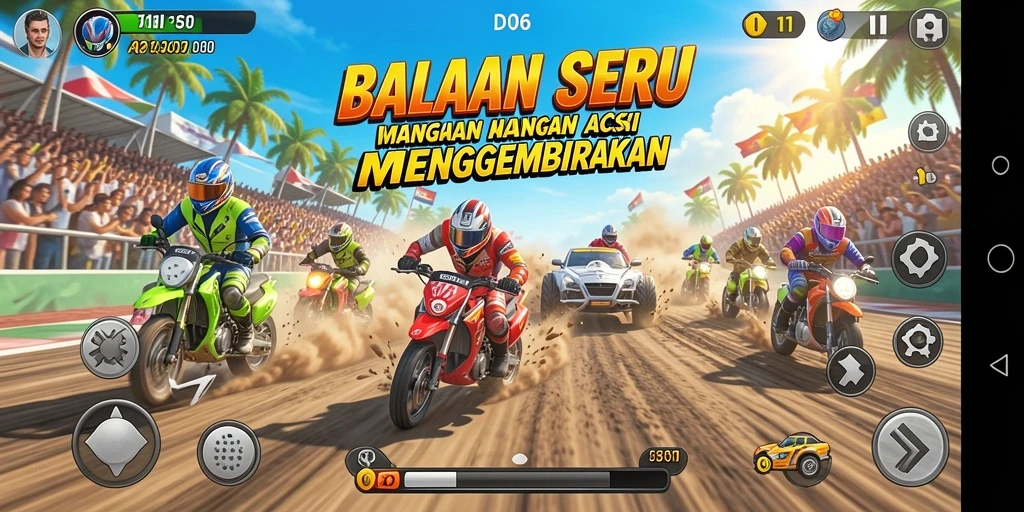 Tampilan seru gameplay D06 dengan aksi balap yang mendebarkan.
