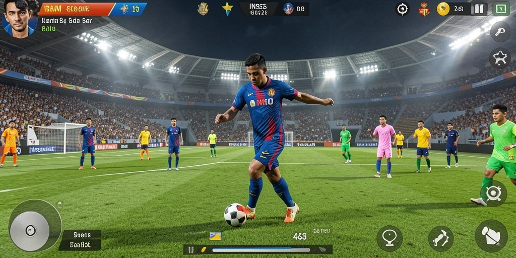 Tangkapan layar gameplay <strong>INS55</strong> menampilkan aksi seru di lapangan sepak bola.