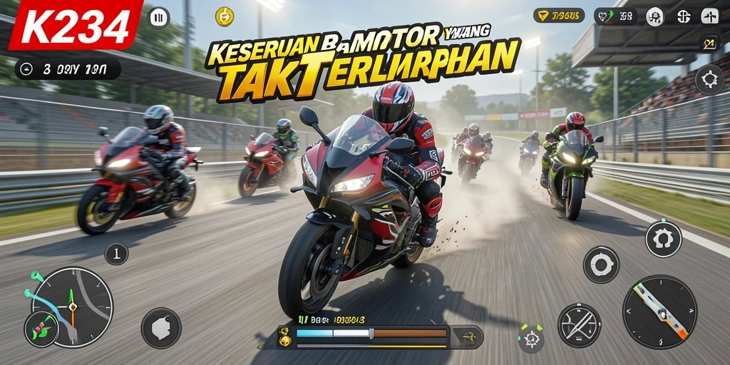 Tampilan gameplay K234 yang menegangkan saat balapan motor.