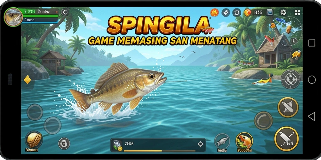 Tampilan gameplay SPINGILA saat menangkap ikan di lingkungan yang indah.