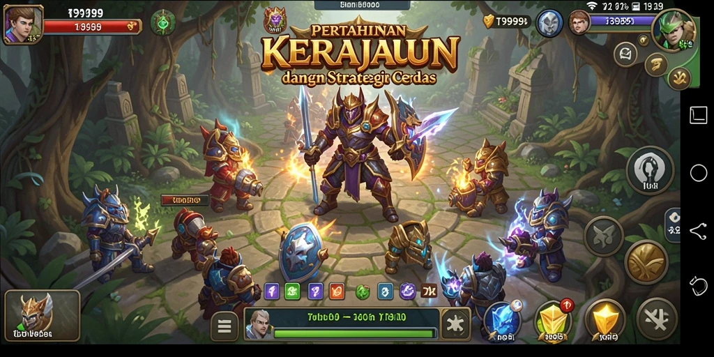 Screenshot gameplay menampilkan menara yang berjuang melawan gelombang musuh.