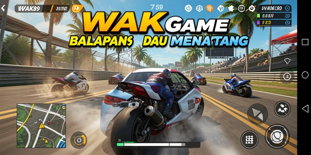 Tampilan gameplay WAK89 dengan mobil balap dan trek yang menantang.